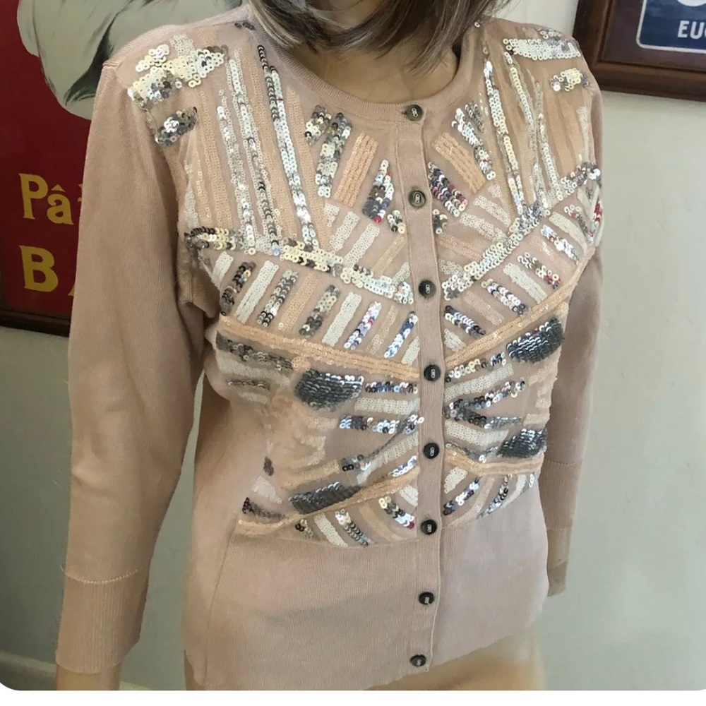 Cache Cream w/ Silver Sequin 3/4 Sleeve Knit Cardigan Sweater - Picture 13 of 13